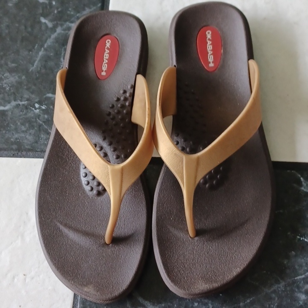 OkabashI Flip Flops Womens Size Medium/6.5-7 Brown Gold Waterproof Thongs Slides
